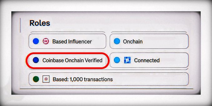 A screenshot of a user interface displaying a 'Roles' section with a red oval highlighting the 'Coinbase Onchain Verified' option, along with other badges like 'Based Influencer', 'Onchain', 'Connected', and 'Based: 1,000 transactions'.