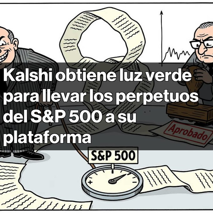 A cartoon-style illustration depicts businessmen stamping 'Aprobado' (Approved) documents, overlaid with the Spanish headline 'Kalshi obtiene luz verde para llevar los perpetuos del S&P 500 a su plataforma', featuring a meter labeled 'S&P 500'.