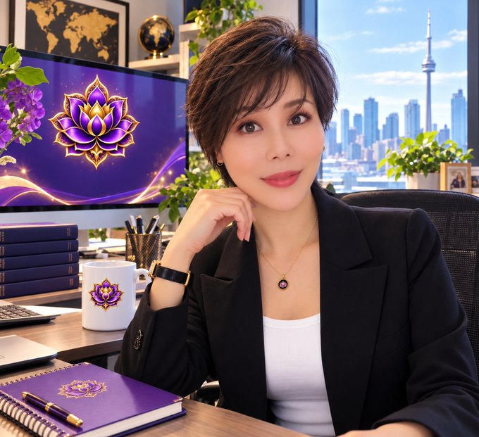 A professional woman with short dark hair sits at an office desk adorned with purple lotus-themed stationery, a branded coffee mug, and a monitor displaying a matching emblem, with a city skyline visible through the window behind her. The image visually reinforces the "Official Announcement" about GCV Special Envoy certificate validation, presenting a polished, authoritative spokesperson aesthetic that conveys the formal, global nature of the Movement's leadership update.