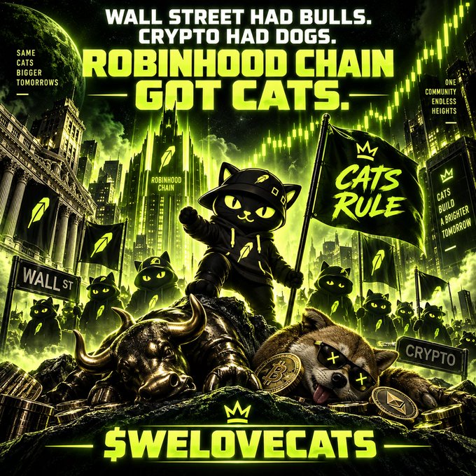 A green-toned promotional graphic for '$WELOVECATS' on the 'ROBINHOOD CHAIN', depicting an army of cats with 'CATS RULE' flags standing over defeated bull and dog statues amidst falling coin symbols.