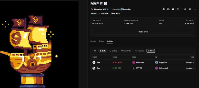 The image shows a pixel art sailing ship on the left alongside an OpenSea listing for "MVP #16," a Memeland MVP NFT, with two sales recorded: one at 0.91 ETH and another at 3.00 ETH. This visually reinforces the post's point about the dramatic price decline of Memeland MVPs from their 35 ETH (~$140k USD) peak to single-ETH prices, highlighting how reduced founder engagement can impact NFT valuations.