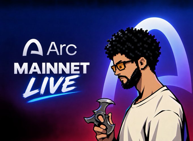 A pixel art-style graphic advertises 'Arc MAINNET LIVE' featuring a man with an afro holding a shuriken against a blue background.