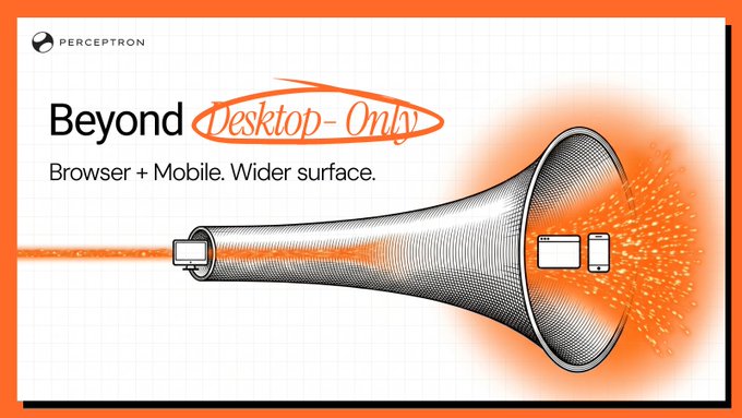 A promotional graphic with an orange border featuring the 'PERCEPTRON' logo, the headline 'Beyond Desktop-Only' with 'Desktop-Only' crossed out in orange, and the subtitle 'Browser + Mobile. Wider surface.', accompanied by an illustration of a megaphone emitting sparks.