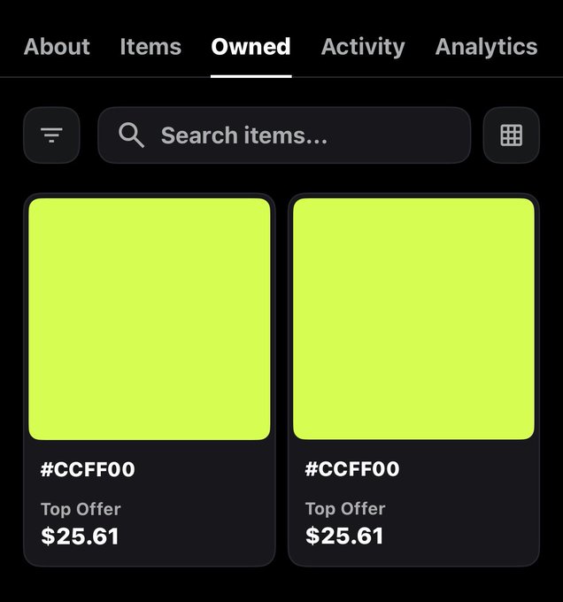 A mobile app interface displaying the 'Owned' tab with two identical neon yellow-green (#CCFF00) items listed, each showing a 'Top Offer' price of $25.61.