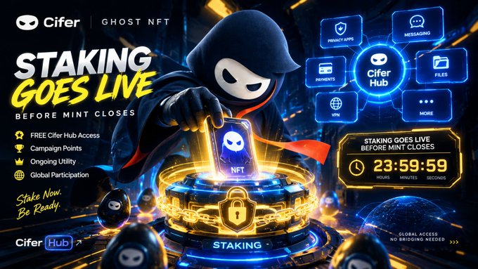 A promotional graphic for "Cifer GHOST NFT" announcing "STAKING GOES LIVE BEFORE MINT CLOSES" with features like FREE Cifer Hub Access and Campaign Points, featuring a hooded ninja mascot and a countdown timer showing 23:59:59.