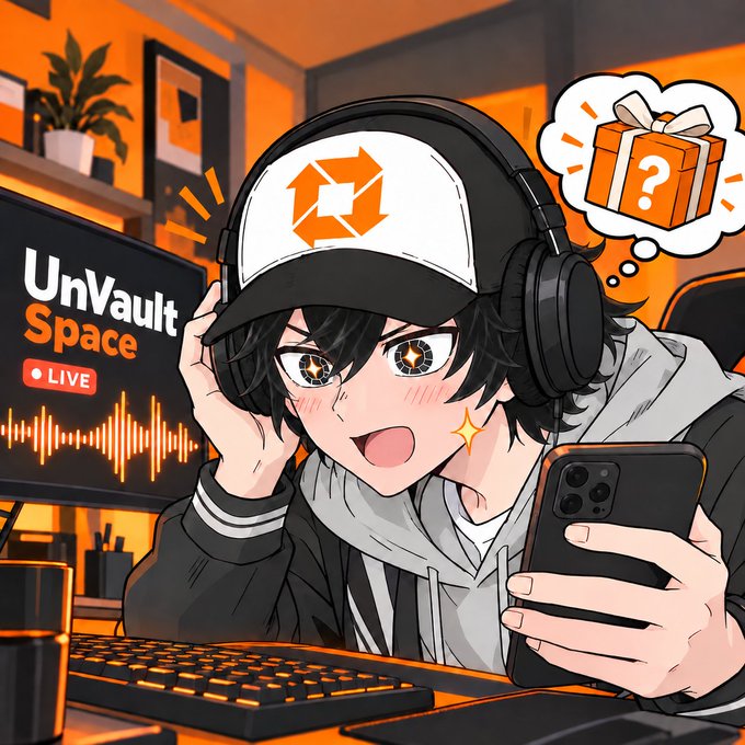 An anime-style illustration of a young streamer with headphones and an orange cap, looking excitedly at a smartphone with a thought bubble showing a gift box, next to a monitor displaying 'UnVault Space LIVE' with an audio waveform.