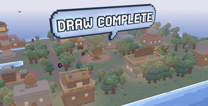A voxel-style video game scene displays a pixelated town with trees and buildings beneath a speech bubble reading 'DRAW COMPLETE'.