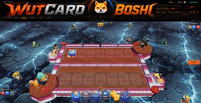 Screenshot of a 'WUTCARD BOSHI - SHIBA ETERNITY HUB' digital card game interface showing a battle arena with Shiba Inu characters on a stormy stone background.