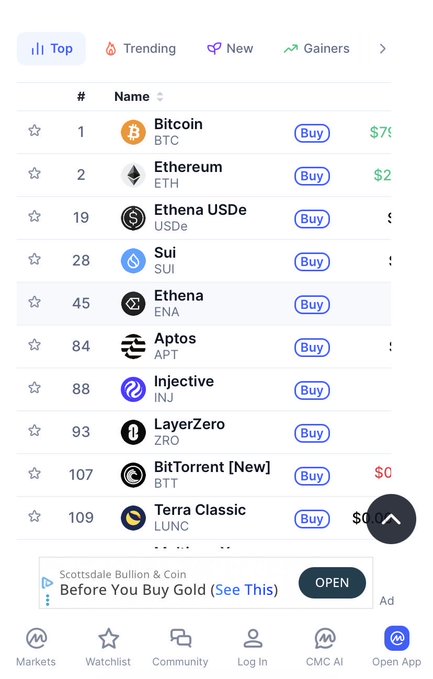 Screenshot of a cryptocurrency market tracking app showing a 'Top' rankings list with Bitcoin (BTC), Ethereum (ETH), Ethena USDe (USDe), Sui (SUI), Ethena (ENA), Aptos (APT), Injective (INJ), LayerZero (ZRO), BitTorrent (BTT), and Terra Classic (LUNC), each with a 'Buy' button.