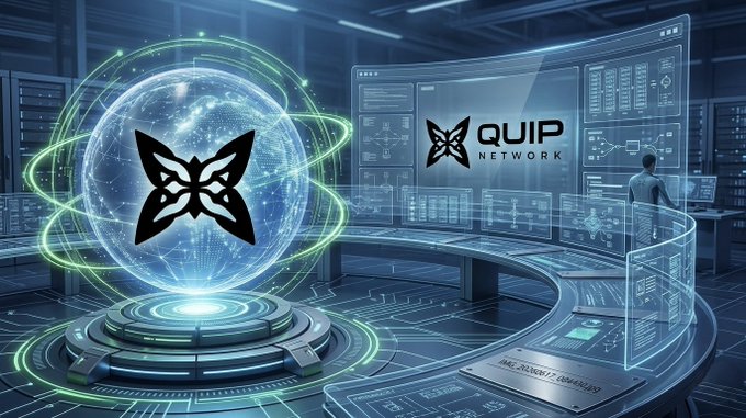 The image features an office setting with a large computer screen displaying a butterfly logo along with the text "quip network". The office appears to be modern and futuristic, possibly resembling a data center or a tech company's workspace. A person can be seen in the background, likely working on the computer system.