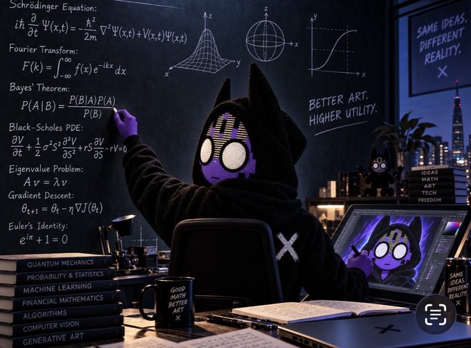 A stylized digital illustration of a purple cat-like character in a hoodie writing mathematical equations on a chalkboard, including the Schrödinger Equation, Fourier Transform, Bayes' Theorem, and Black-Scholes PDE.