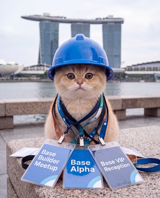 A kitten wearing a blue hard hat sits on a ledge with three lanyards labeled 'Base Builder Meetup', 'Base Alpha', and 'Base VIP Reception' in front of a cityscape.