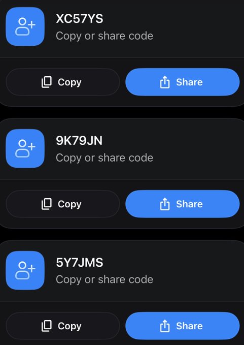 A mobile app interface displaying three shareable referral codes (XC57YS, 9K79JN, 5Y7JMS), each with options to copy or share.