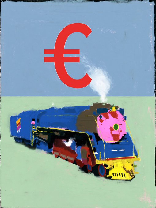 Painterly artwork of a pink-faced, blue steam locomotive with a large red Euro symbol floating in the sky above it.