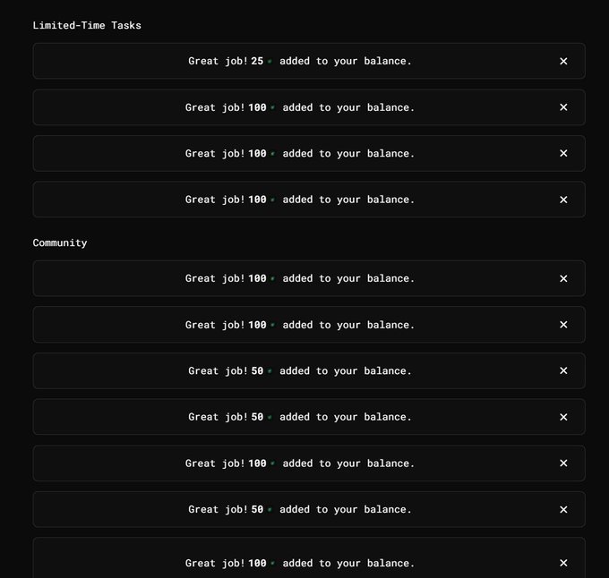 A dark interface screen displays a list of notifications under 'Limited-Time Tasks' and 'Community', each reading 'Great job! [number] added to your balance.'
