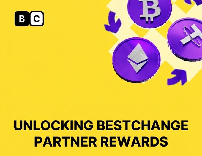 A promotional graphic with a yellow background featuring purple cryptocurrency coins (Bitcoin, Litecoin, Ethereum) with arrows and the text 'UNLOCKING BESTCHANGE PARTNER REWARDS' along with a BC logo.