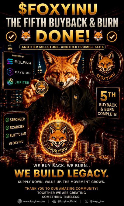 A promotional graphic for "$FOXYINU" celebrates the completion of its "5TH BUYBACK & BURN COMPLETE!" milestone, featuring a fox character in a suit holding a token amid flames and gold coins. The image includes logos for Solana, Raydium, and Jupiter, alongside slogans like "STRONGER, SCARCIER, BUILT TO LAST" and the handle "@foxyinuofficial," visually reinforcing the post's message of consistent supply reduction and long-term project commitment.