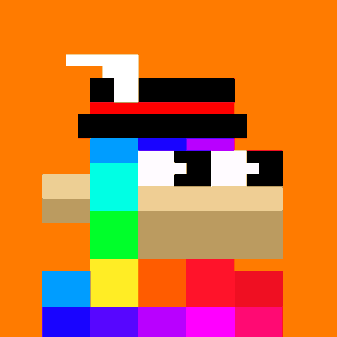 A pixel art illustration of a llama or alpaca character made from colorful blocks on an orange background.