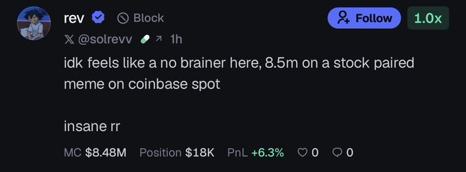 A social media post from user "rev" (@solrevv) commenting "idk feels like a no brainer here, 8.5m on a stock paired meme on coinbase spot" and "insane rr", showing MC $8.48M and PnL +6.3%.