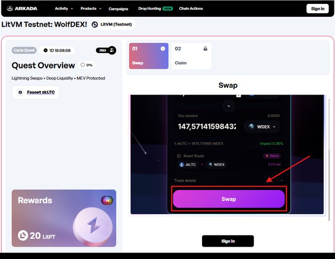 The ARKADA platform showing a 'LitVM Testnet: WolfDEX' quest overview page with a Swap interface for exchanging zkLTC to WDEX, highlighting the Swap button with a red arrow.