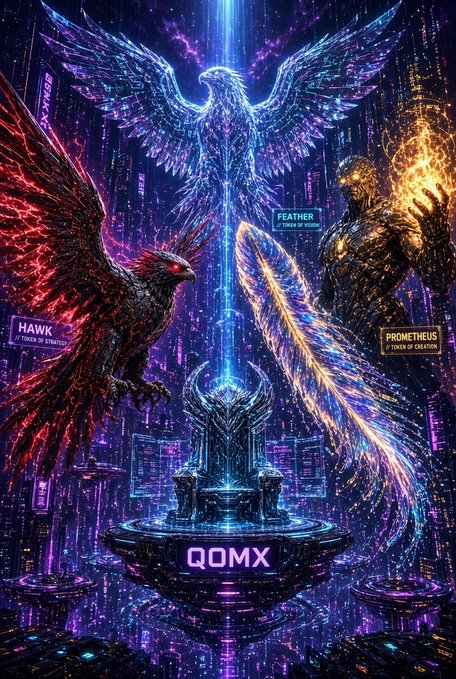 A vibrant fantasy illustration shows a central figure with large purple and blue wings standing above a pedestal labeled 'QOMX', flanked by a red hawk labeled 'HAWK' on the left and a fiery armored figure labeled 'PROMETHEUS' on the right.