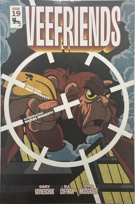 Comic book cover for 'VEEFRIENDS' Issue #9 by Gary Vaynerchuk, DJ Coffman, and Steve Musgrave, showing a monkey character with text 'ONCE MAN, NOW MONKEY!' and 'INTRODUCING MORAN MONKEY!'.