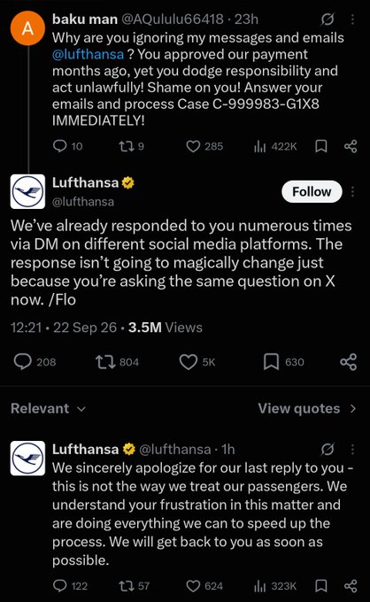 This image shows a Twitter/X exchange where user "baku man" angrily tagged @lufthansa demanding responses about "Case C-999983-G1X8," prompting Lufthansa's verified account to publicly clap back with a dismissive "Flo." In a follow-up tweet, Lufthansa then issued a more formal apology, admitting their prior reply was inappropriate and promising to address the customer's concern promptly.