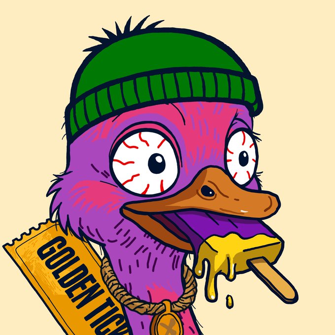 A colorful cartoon illustration shows a purple duck-like creature wearing a green beanie with bulging, bloodshot eyes, holding a melting popsicle and a golden 'GOLDEN TICKET'.