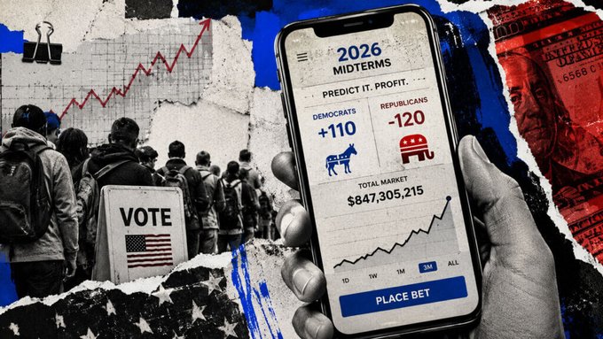 A collage-style image shows a hand holding a smartphone displaying '2026 MIDTERMS' betting odds (Democrats +110, Republicans -120) with 'PLACE BET' button, alongside 'VOTE' protesters and an upward chart.