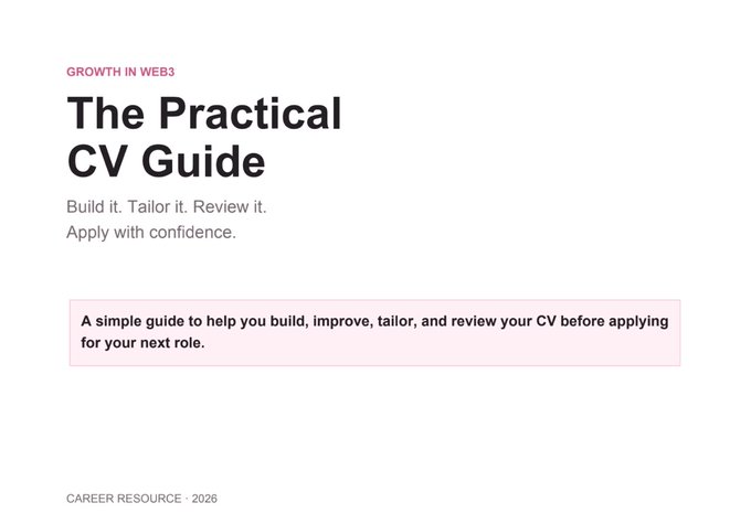 Cover image for "The Practical CV Guide," a free Web3 career resource from 2026 with the tagline "Build it. Tailor it. Review it. Apply with confidence." The image matches the accompanying post promoting a downloadable CV guide designed to help users build, tailor, optimize for ATS, and review resumes for Web3 job applications.
