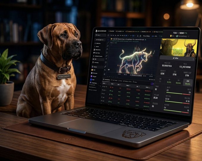 A photorealistic scene of a brown boxer dog wearing a 'TOSA' tag sitting beside a laptop displaying cryptocurrency trading charts and a wireframe bull logo, with bookshelves in the background.