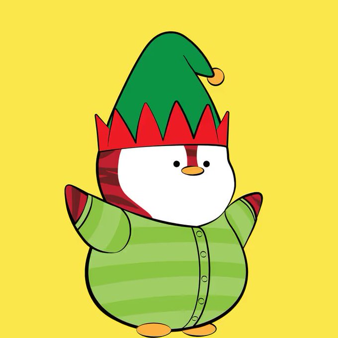 A cheerful cartoon penguin character wearing a green and red jester hat and a green striped shirt stands against a yellow background, matching the description of a "Lil Pudgy" NFT from the Pudgy Penguins community. The whimsical illustration aligns with the post's enthusiasm for collecting the character's NFT artwork.