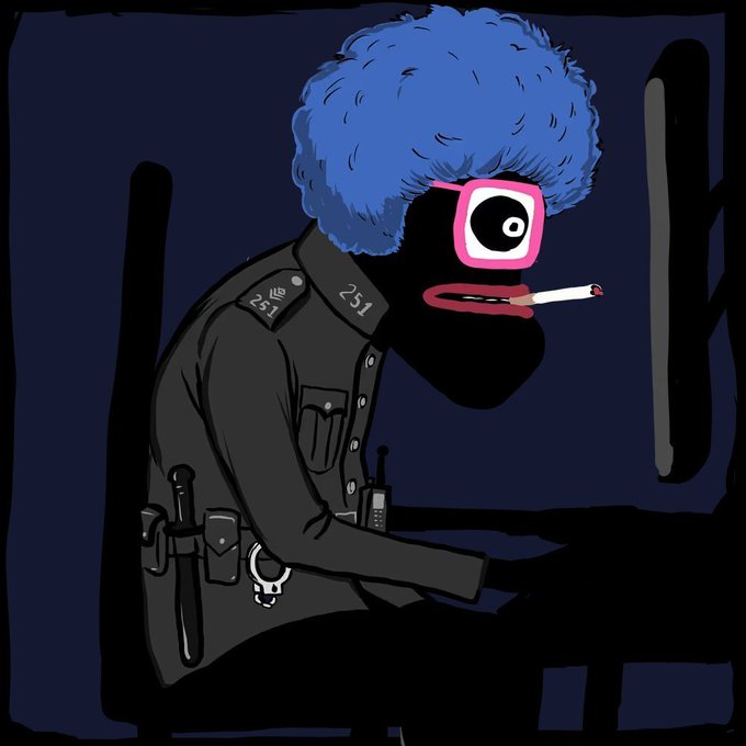 A cartoon illustration of a black-faced police officer with blue curly hair, pink glasses, and a cigarette, wearing a uniform with "251" on it and a holstered gun, smoking while looking down—likely representing a "trollbox" or watchful figure related to the posted NFT mint announcements for @strangersolemn and @hhillsofficial collections.