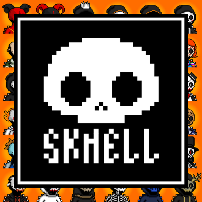 A pixel art skull logo with the text 'SKULL' below it, surrounded by a border of various pixel character icons on an orange background.