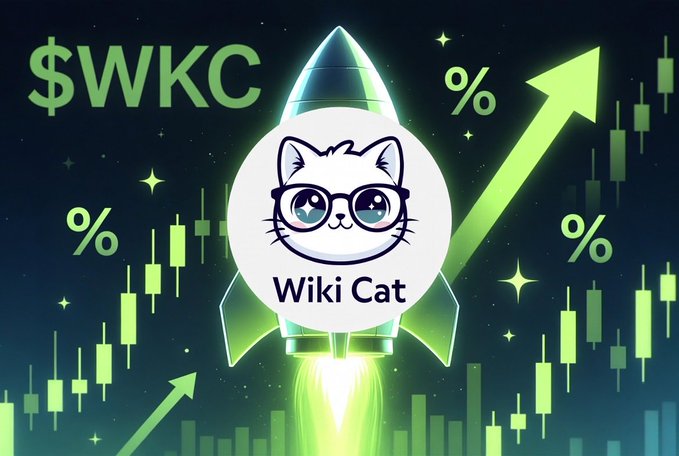 The image shows an advertisement for a currency charting service called $WKC Chart. The main visual element of the image is a cat wearing glasses and dressed as a rocket, launching into the sky with a dollar sign floating behind it. The background features a dark blue sky with white stars scattered across it, creating an exciting and energetic atmosphere that complements the theme of the charting service. Above the cat, there is an upward-pointing arrow indicating growth in the cryptocurrency market. A small white text label next to the rocket reads "WKC", while the dollar sign floating behind the cat symbolizes a monetary element associated with the currency charting service. The image conveys a sense of excitement and potential for financial success using this service.