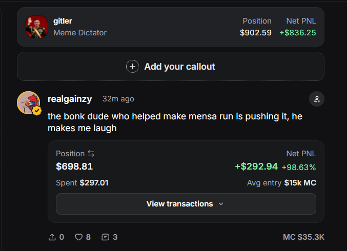 Screenshot of a meme trading platform showing user 'realgainzy' with position $698.81, +$292.94 PnL (+98.63%), commenting on 'the bonk dude who helped make mensa run'.