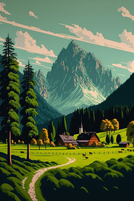 A stylized digital illustration of an alpine landscape with a towering snow-capped mountain, green meadows, pine trees, a winding path, and a small village with a church.