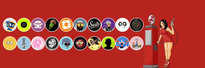 A pin-up style woman stands beside a vintage gas pump against a red background, surrounded by 22 circular NFT profile icons representing various collections including Rektguy, RobinWifHat, TheSaudisNFT, and Weirdos, with visible ETH price ranges (e.g., 0.02-0.11 ETH, 0.016-0.17 ETH) listed for the four highlighted projects.