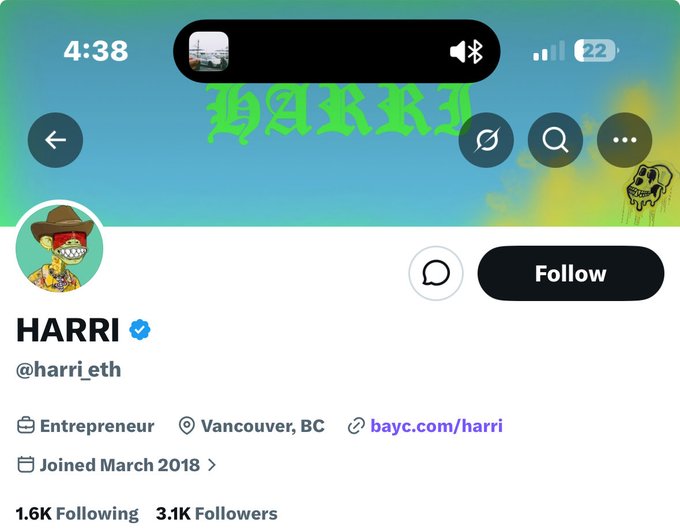 A Twitter/X profile page for HARRI (@harri_eth), an Entrepreneur based in Vancouver, BC, showing 1.6K Following and 3.1K Followers, with a cartoon character profile picture wearing a cowboy hat.