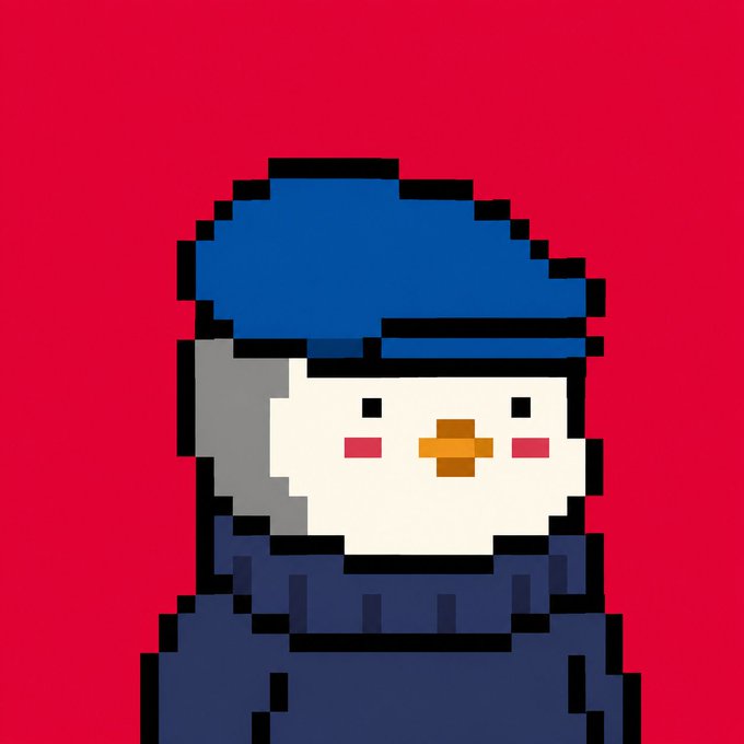 A pixel art illustration of a snowman or penguin character with a blue beanie hat, white face with rosy cheeks, and orange beak against a solid red background.