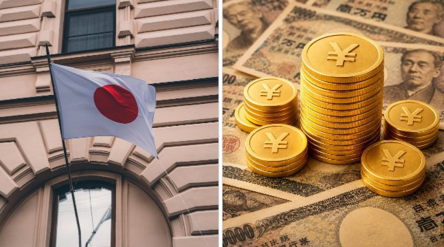 The image shows the Japanese flag (white with a red circle) flying on a building, alongside a pile of gold yen coins (¥) stacked atop Japanese yen banknotes. This visual symbolizes the traditional Japanese financial system and currency that JPYC, a regulated stablecoin issuer, is building digital infrastructure upon, following their $38 million Series B funding boost from AZ-COM Maruwa's $6.3 million investment to advance Japan's stablecoin ecosystem.