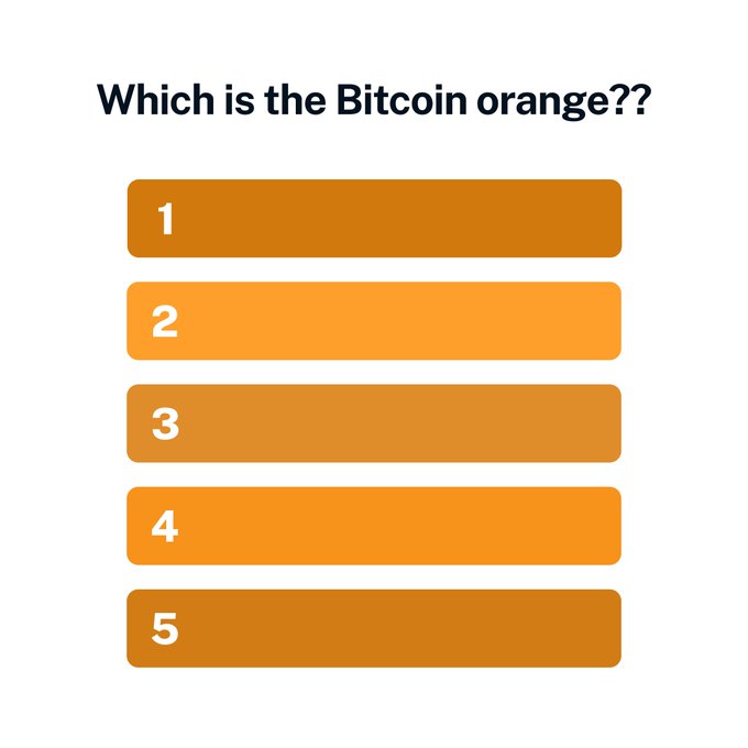 A graphic asks "Which is the Bitcoin orange??" and displays five orange color swatches labeled 1 through 5.