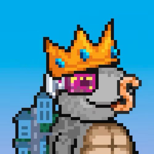 A pixel art image depicts a character wearing a grey helmet and carrying a blue weapon, with a large golden crown featuring blue gems floating above its head against a bright blue sky.
