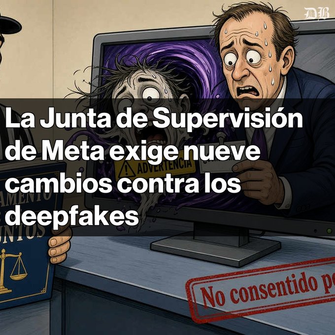 A cartoon illustration of a panicked man at a computer with a scary face on screen, overlaid with Spanish text about Meta's Oversight Board demanding changes against deepfakes.
