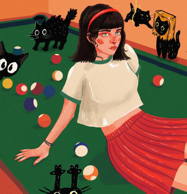 A digital illustration of a young woman with dark hair and a red headband, wearing a white t-shirt and red pleated skirt, lying on a green pool table surrounded by billiard balls and stylized black cats.