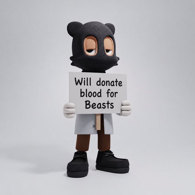 A 3D-rendered figure wearing a black balaclava with cartoonish features holds a sign reading "Will donate blood for Beasts".
