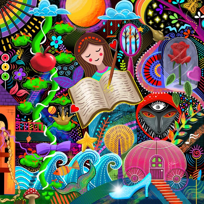 A vibrant, surreal illustration filled with elements including a girl reading a book, an apple, a rose, a wolf, Cinderella's carriage, a seahorse, and a magic wand.