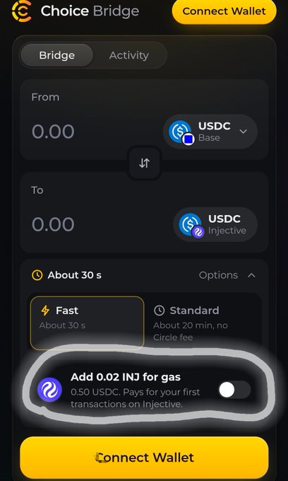 Choice Bridge interface for bridging USDC from Base to Injective, with a highlighted note about adding 0.02 INJ for gas (0.50 USDC) for first transactions.