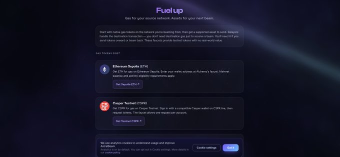 The image displays a "Fuel up" page offering gas tokens—Ethereum Sepolia (ETH) and Casper Testnet (CSPR)—to prepare users for network transactions on AstralBeam, with a brief description explaining how the tokens support destination transactions and provide faucets with no real-world value. This aligns with the post's message about using Fuel up as the simplest starting point before beaming onto Casper.