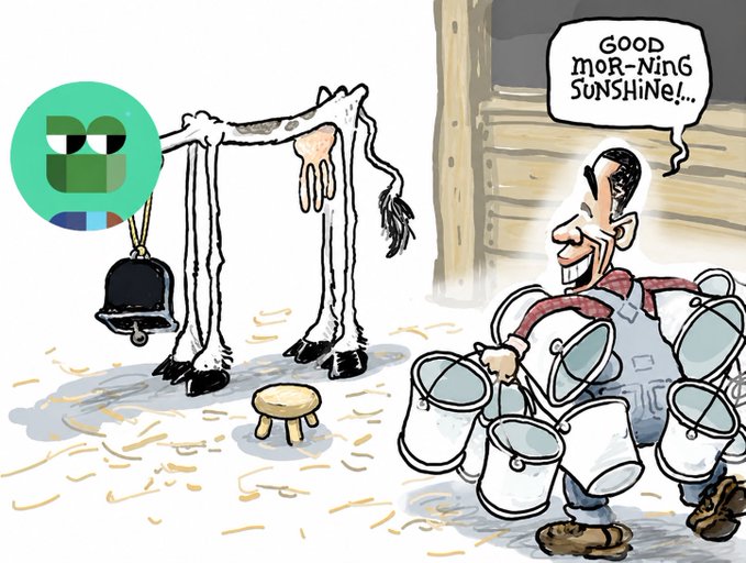 A cartoon showing a cheerful farmer with milk buckets greeting the morning, saying 'GOOD MOR-NING SUNSHINE!..', alongside a rather sad-looking cow with a bell and a green circular logo in the corner.